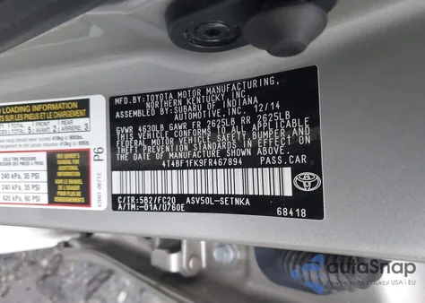 2015 Toyota Camry Le from USA, damaged, VIN 4T4BF1FK9FR467894